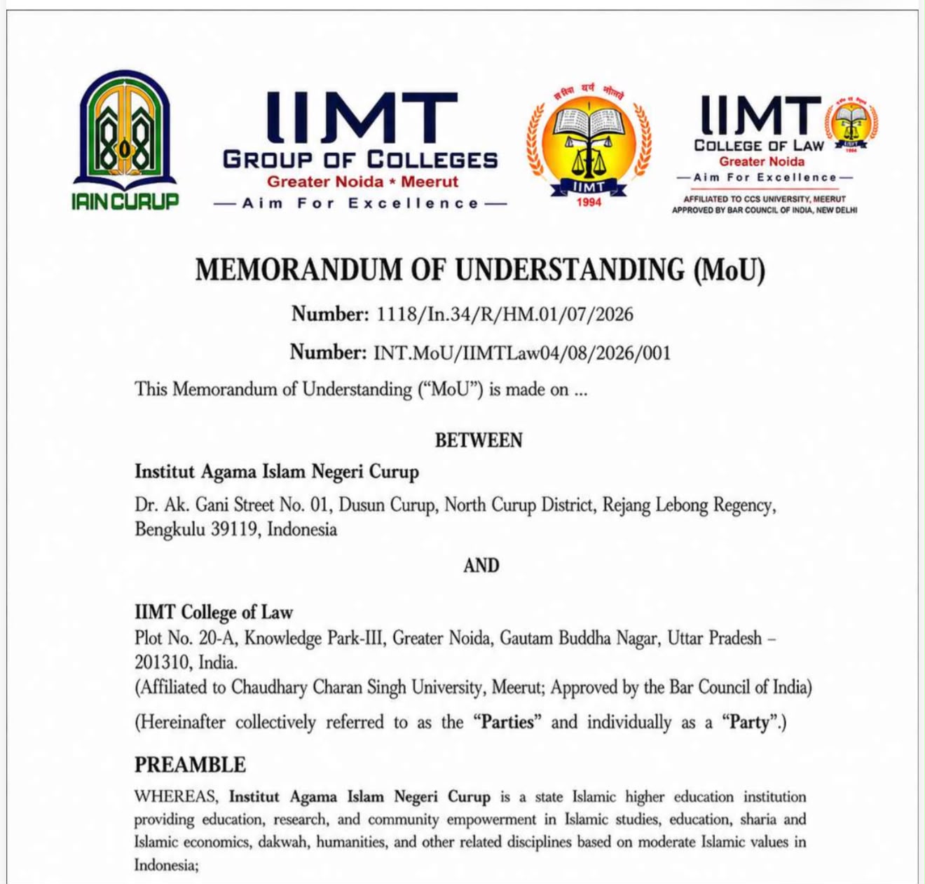 IAIN Curup Jalin Kerja Sama Internasional dengan IIMT College of Law India, Perkuat Kolaborasi Pendidikan dan Riset Global 
