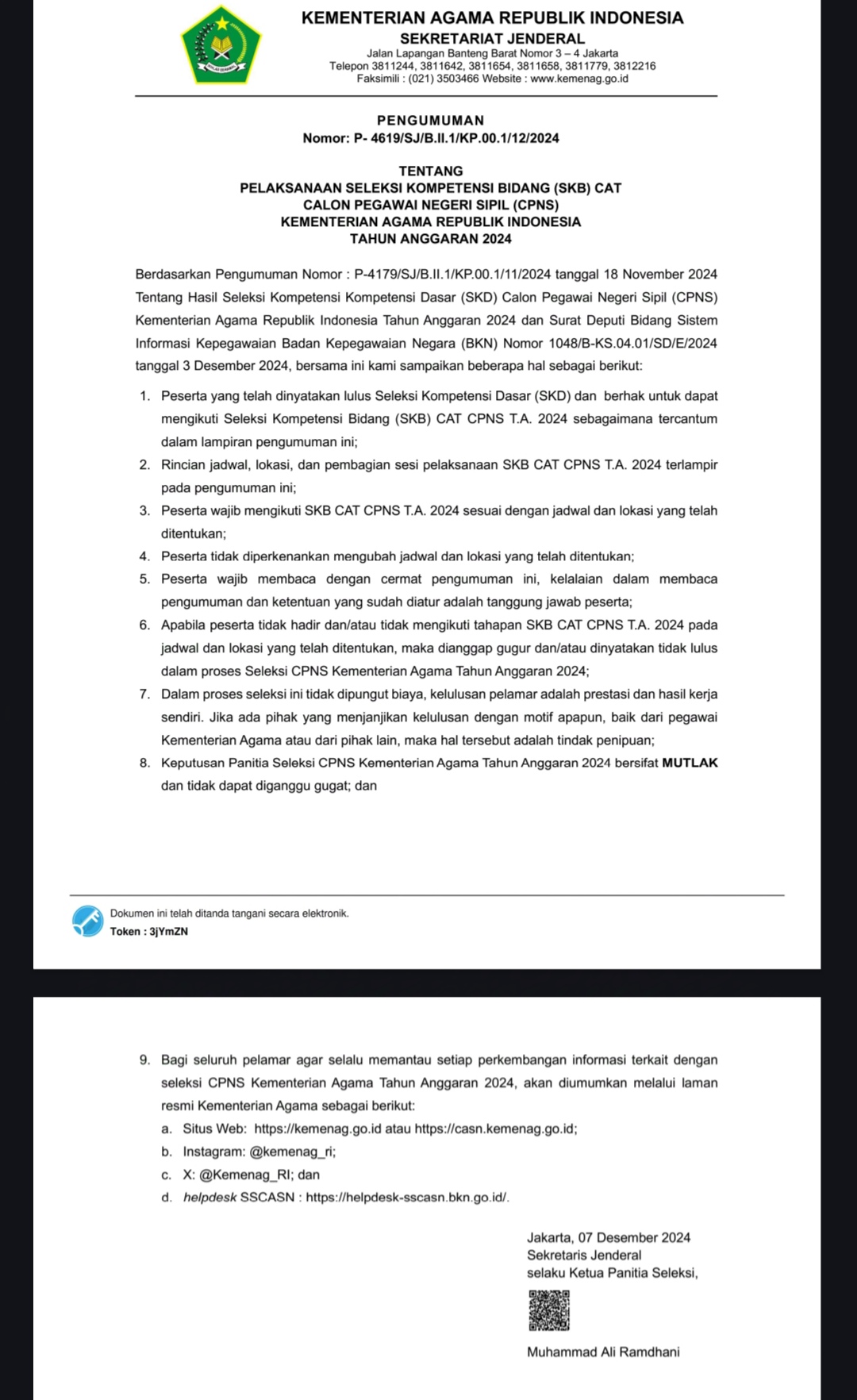 Pengumuman Pelaksanaan Seleksi Kompetensi bidang (SKB) CAT kementerian Agama Republik Indonesia TA 2024