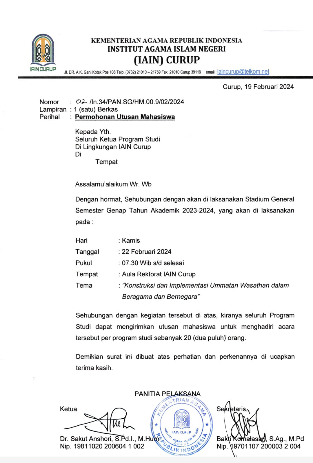 PENGUMUMAN !!!Permohonan Utusan Mahasiswa Kepada Seluruh Prodi di Lingkup IAIN Curup