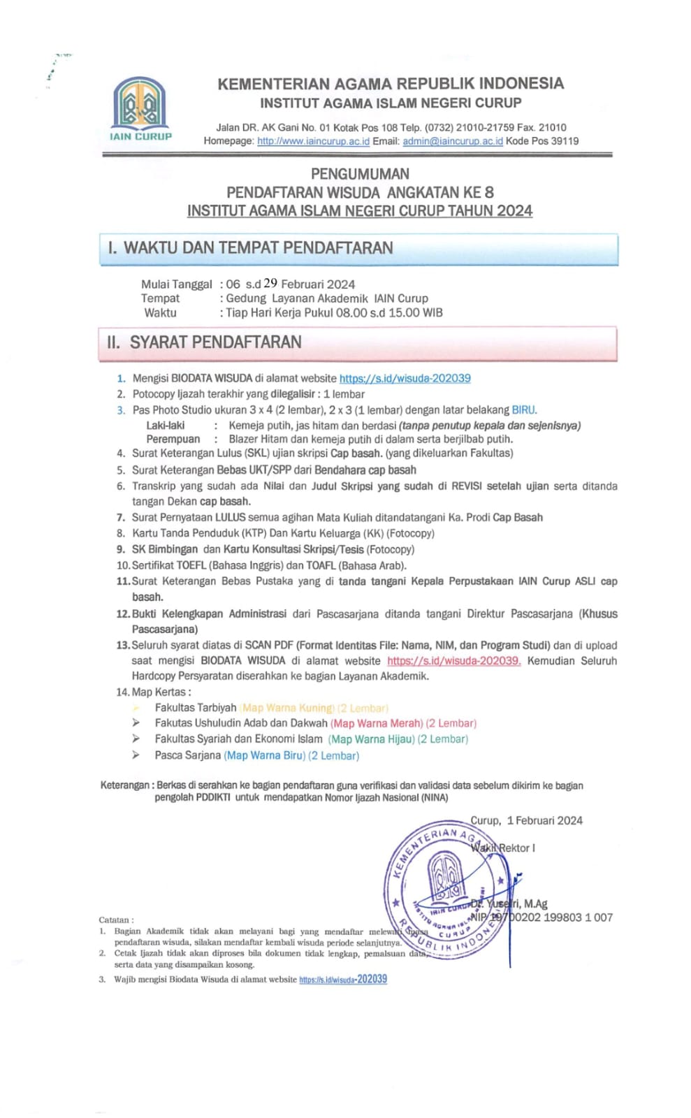 PENGUMUMAN!!! Perpanjangan Pendaftaran Wisuda Angkatan ke-8 IAIN Curup