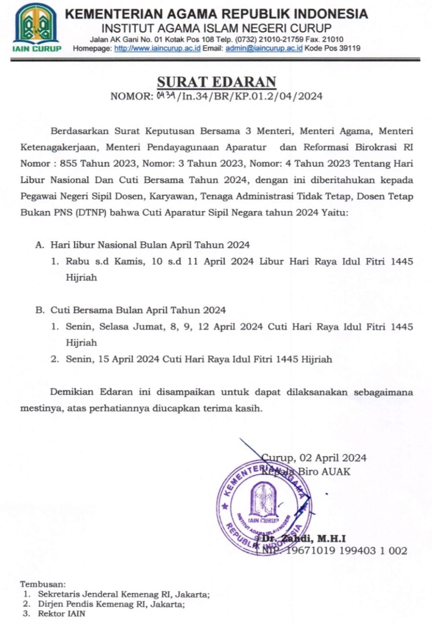 SURAT EDARAN LIBUR NASIONAL DAN CUTI BERSAMA BULAN APRIL TAHUN 2024 IAIN CURUP