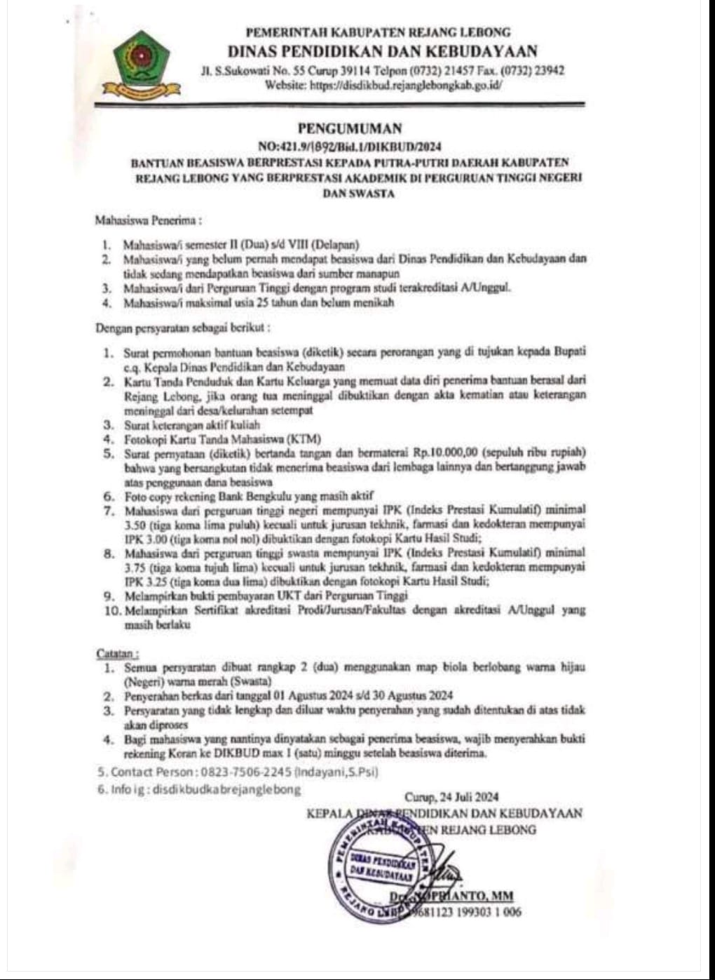 Pemda Rejang Lebong Siapkan Beasiswa Rp 900 Juta untuk Mahasiswa Berprestasi, Pendaftaran dibuka awal Agustus Tahun 2024