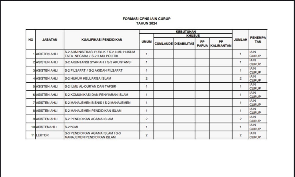 FORMASI CPNS IAIN CURUP TAHUN 2024