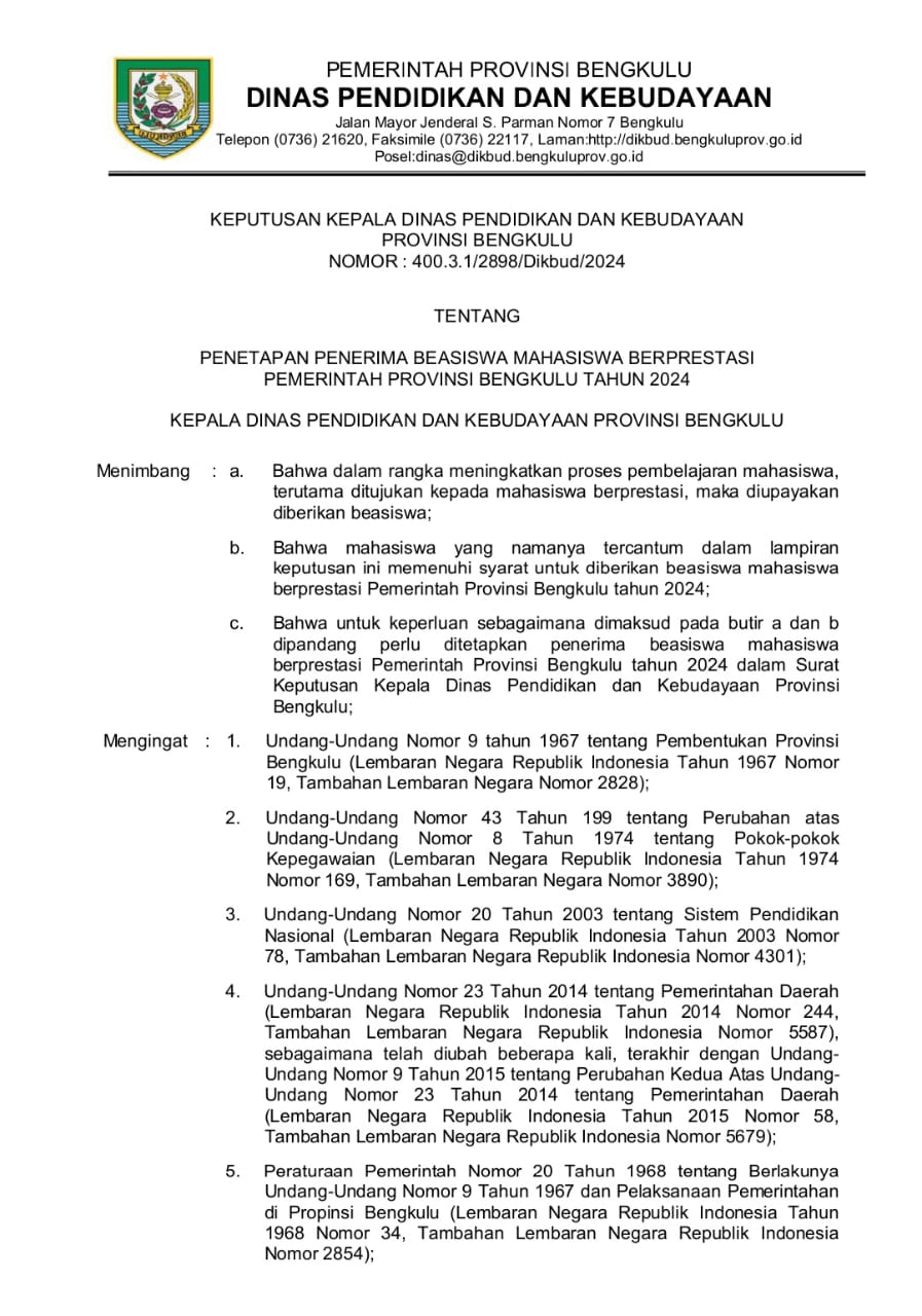 7 Mahasiswa IAIN Curup Lolos Beasiswa Berprestasi Pemerintah Provinsi Bengkulu Tahun 2024