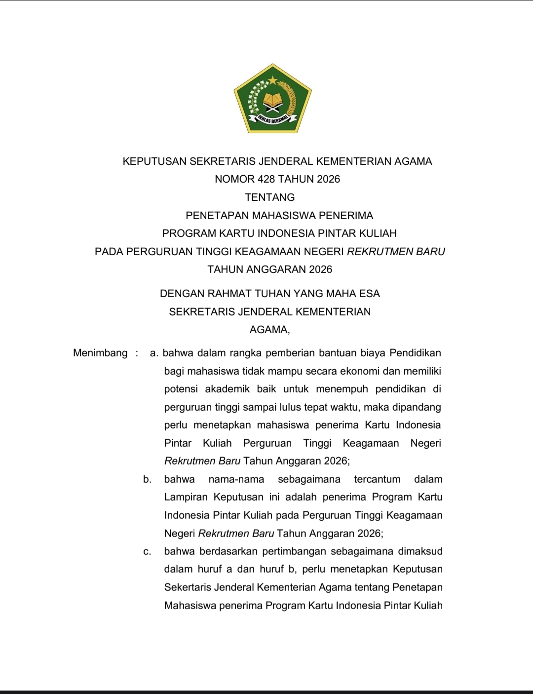 PENETAPAN MAHASISWA PENERIMA PROGRAM KARTU INDONESIA PINTAR KULIAH PADA PERGURUAN TINGGI KEAGAMAAN NEGERI REKRUTMEN BARU TAHUN ANGGARAN 2026