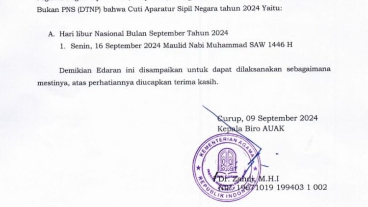 SURAT EDARAN HARI LIBUR NASIONAL BULAN SEPTEMBER TAHUN 2024