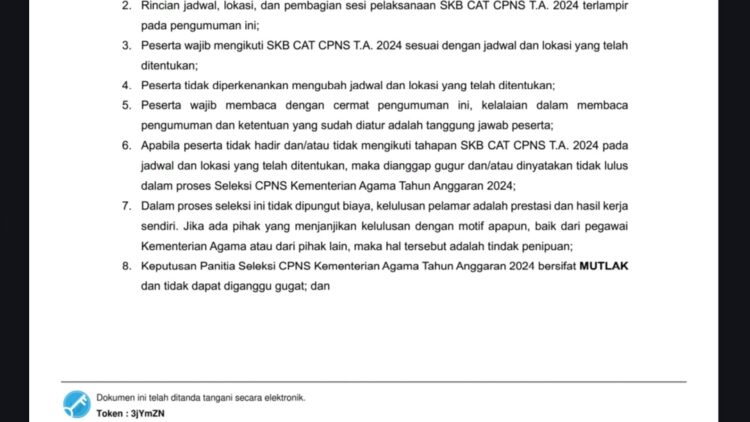 Pengumuman Pelaksanaan Seleksi Kompetensi bidang (SKB) CAT kementerian Agama Republik Indonesia TA 2024